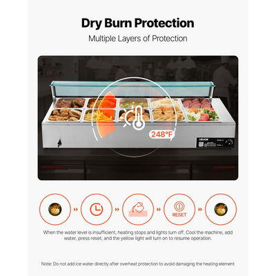 Θερμαντήρας φαγητού VEVOR Επαγγελματικός, Ηλεκτρικός θερμαντήρας φαγητού ατμού από ανοξείδωτο ατσάλι 1700W με γυάλινο κάλυμμα, Μπεν Μαρί Μπουφέ 10 Τηγανιών με Σούπα & Τρυπητές Κουτάλες, για Catering, Εστιατόριο & Πάρτι