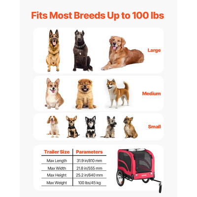 Τρέιλερ ποδηλάτου για σκύλους VEVOR, Υποστηρίζει έως 45 κιλά, Μεταφορά ποδηλάτων για μικρά και μεγάλα σκυλιά, Εύκολο πτυσσόμενο πλαίσιο με τροχό γρήγορης απελευθέρωσης, Ζεύκτης ποδηλάτου γενικής χρήσης, Ανακλαστήρας, Σημαία, Εσωτερικό λουρί