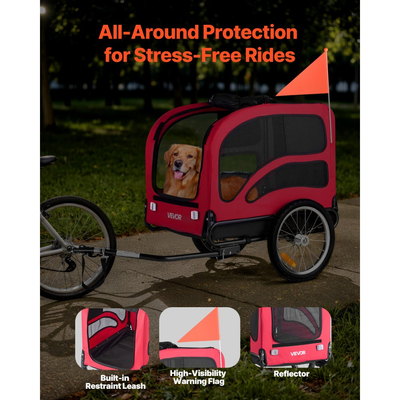 Τρέιλερ ποδηλάτου για σκύλους VEVOR, Υποστηρίζει έως 45 κιλά, Μεταφορά ποδηλάτων για μικρά και μεγάλα σκυλιά, Εύκολο πτυσσόμενο πλαίσιο με τροχό γρήγορης απελευθέρωσης, Ζεύκτης ποδηλάτου γενικής χρήσης, Ανακλαστήρας, Σημαία, Εσωτερικό λουρί