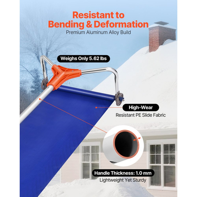 Ξύστρα χιονιού VEVOR, λεπίδα αλουμινίου 27cm, ρυθμιζόμενη ξύστρα χιονιού στέγης 1,25-5,24 m με ρόδες και ολίσθηση, εργαλείο αφαίρεσης ελαφρού χιονιού για καθαρισμό φύλλων στέγης σπιτιού και υπολειμμάτων