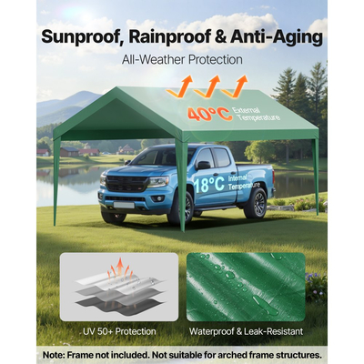 Ανταλλακτικό στέγαστρο VEVOR, μουσαμάς οροφής σκηνής γκαράζ 3 x 6 m, ανθεκτικός στην υπεριώδη ακτινοβολία και αδιάβροχος μουσαμάς στεγάστρου αυτοκινήτου, κάλυμμα θύρας αυτοκινήτου βαρέως τύπου με σφαιρικά καροτσάκια, σκούρο πράσινο, το πλαίσιο δεν περιλαμβάνεται