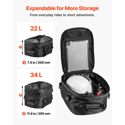 Τσάντα πίσω καθίσματος μοτοσικλέτας VEVOR, επεκτάσιμη τσάντα πίσω καθίσματος μοτοσικλέτας 22-34 L με αδιάβροχο κάλυμμα βροχής, τσάντα πλάτης για αποσκευές μοτοσικλέτας για υπαίθριες αθλητικές δραστηριότητες με ιμάντες, τσέπη και ελαστικό κορδόνι, μαύρη