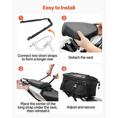 Τσάντα πίσω καθίσματος μοτοσικλέτας VEVOR, επεκτάσιμη τσάντα πίσω καθίσματος μοτοσικλέτας 22-34 L με αδιάβροχο κάλυμμα βροχής, τσάντα πλάτης για αποσκευές μοτοσικλέτας για υπαίθριες αθλητικές δραστηριότητες με ιμάντες, τσέπη και ελαστικό κορδόνι, μαύρη