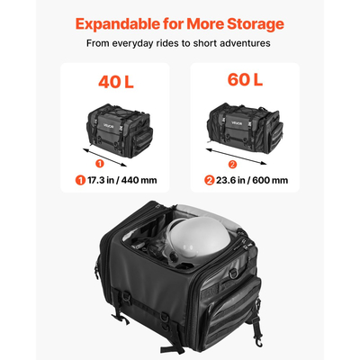 Τσάντα πίσω καθίσματος μοτοσικλέτας VEVOR, επεκτεινόμενη τσάντα πίσω καθίσματος μοτοσικλέτας 40-60 λίτρων με αδιάβροχο κάλυμμα βροχής, πτυσσόμενη αποθήκευση αποσκευών μοτοσικλέτας για υπαίθριες αθλητικές δραστηριότητες με ιμάντες ώμου, τσέπη και ελαστικό κορδόνι, μαύρη