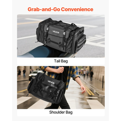 Τσάντα πίσω καθίσματος μοτοσικλέτας VEVOR, επεκτεινόμενη τσάντα πίσω καθίσματος μοτοσικλέτας 40-60 λίτρων με αδιάβροχο κάλυμμα βροχής, πτυσσόμενη αποθήκευση αποσκευών μοτοσικλέτας για υπαίθριες αθλητικές δραστηριότητες με ιμάντες ώμου, τσέπη και ελαστικό κορδόνι, μαύρη