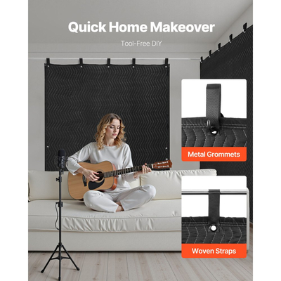 Κουβέρτες ηχομόνωσης VEVOR, Ηχομονωτικές κουρτίνες με 2032 x 1219 mm, Ηχομονωτική κουβέρτα με ροδέλες, Κουβέρτα με ροδέλες στούντιο, για παράθυρο, πόρτα, μπλοκάρισμα φωτός, ηχογράφηση μουσικής, μαύρη