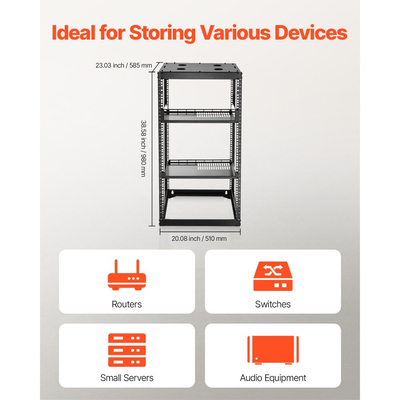 Rack δικτύου VEVOR 20U ανοιχτού πλαισίου, βάθους 585 mm, επιτοίχιο ή επιδαπέδιο, βαρέως τύπου 4 θέσεων, με αεριζόμενα ράφια και υλικό στήριξης, χωράει όλο τον εξοπλισμό δικτύωσης IT και τον εξοπλισμό AV.