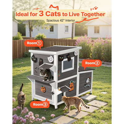 VEVOR Εξωτερικό Σπίτι Γάτας, Διώροφο Ξύλινο Στέγαστρο Γάτας για 3 Γάτες Εξωτερικού Χώρου το Χειμώνα, Υπερυψωμένο Στέγαστρο Άγριας Γάτας με Σκάλες, Διαφανές Παράθυρο & Πόρτες με Πτερύγια, Αδιάβροχα Διαμερίσματα για Γάτες για Κήπο 107 x 63 x 86 cm