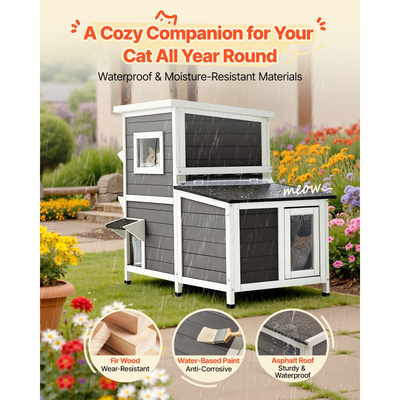 VEVOR Εξωτερικό Σπίτι Γάτας, Διώροφο Ξύλινο Στέγαστρο Γάτας για 3 Γάτες Εξωτερικού Χώρου το Χειμώνα, Υπερυψωμένο Στέγαστρο Άγριας Γάτας με Σκάλες, Διαφανές Παράθυρο & Πόρτες με Πτερύγια, Αδιάβροχα Διαμερίσματα για Γάτες για Κήπο 107 x 63 x 86 cm