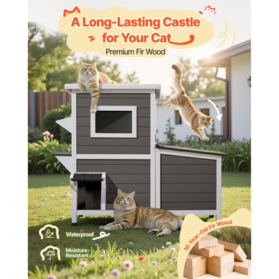 VEVOR Εξωτερικό Σπίτι Γάτας, Διώροφο Ξύλινο Στέγαστρο Γάτας για 3 Γάτες Εξωτερικού Χώρου το Χειμώνα, Υπερυψωμένο Στέγαστρο Άγριας Γάτας με Σκάλες, Διαφανές Παράθυρο & Πόρτες με Πτερύγια, Αδιάβροχα Διαμερίσματα για Γάτες για Κήπο 107 x 63 x 86 cm