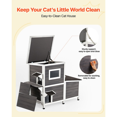 VEVOR Εξωτερικό Σπίτι Γάτας, Διώροφο Ξύλινο Στέγαστρο Γάτας για 3 Γάτες Εξωτερικού Χώρου το Χειμώνα, Υπερυψωμένο Στέγαστρο Άγριας Γάτας με Σκάλες, Διαφανές Παράθυρο & Πόρτες με Πτερύγια, Αδιάβροχα Διαμερίσματα για Γάτες για Κήπο 107 x 63 x 86 cm