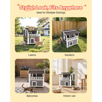 Μονωμένο σπιτάκι γάτας VEVOR, διώροφο ξύλινο καταφύγιο γάτας, μόνωση αφρού, καταφύγιο άγριας γάτας με μπαλκόνι, αδιάβροχα διαμερίσματα για γάτες εσωτερικού και εξωτερικού χώρου 1-3 γάτες το χειμώνα 84 × 75 × 82 cm