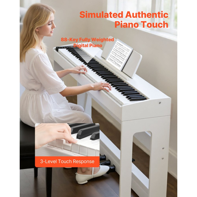 Ψηφιακό πιάνο VEVOR με βάρη, 88 πλήκτρα με πλήρη βάρη, ηλεκτρικό πληκτρολόγιο πιάνου με βάση επίπλωσης, τροφοδοτικό, τριπλό πεντάλ, λειτουργία εγγραφής, 280 τόνοι, ασύρματη σύνδεση, για αρχάριους, λευκό