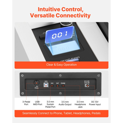 Ψηφιακό πιάνο VEVOR με βάρη, 88 πλήκτρα με πλήρη βάρη, ηλεκτρικό πληκτρολόγιο πιάνου με βάση επίπλωσης, τροφοδοτικό, τριπλό πεντάλ, λειτουργία εγγραφής, 280 τόνοι, ασύρματη σύνδεση, για αρχάριους, λευκό