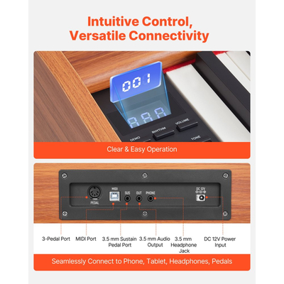 Ψηφιακό πιάνο VEVOR με βάρη, 88 πλήκτρα με πλήρη βάρη, ηλεκτρικό πληκτρολόγιο πιάνου με βάση για παρτιτούρες, τριπλό πεντάλ, τροφοδοτικό, 280 τόνοι, υποστήριξη ασύρματης σύνδεσης, για αρχάριους, χρώμα ξύλου