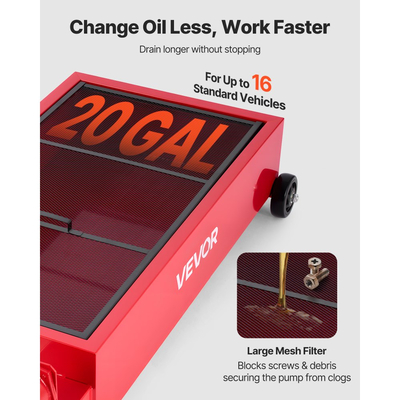 Δοχείο αποστράγγισης λαδιού χαμηλού προφίλ VEVOR, χωρητικότητας 75,7 L, περιστρεφόμενο δοχείο αποστράγγισης λαδιού με χειροκίνητη αντλία, σωλήνας 2,2 m και πτυσσόμενη λαβή T, στεγανό και ανθεκτικό στη διάβρωση, κατάλληλο για αυτοκίνητα, SUV, φορτηγά, ATV, κόκκινο
