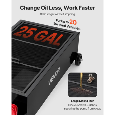 Δοχείο αποστράγγισης λαδιού χαμηλού προφίλ VEVOR, χωρητικότητας 94,6 L, περιστρεφόμενο δοχείο αποστράγγισης λαδιού με χειροκίνητη αντλία, σωλήνας 2,2 m και πτυσσόμενη λαβή T, στεγανό και ανθεκτικό στη διάβρωση, κατάλληλο για αυτοκίνητα, SUV, φορτηγά, ATV, μαύρο