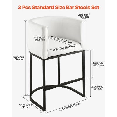 Σετ 3 σκαμπό μπαρ VEVOR, σκαμπό ύψους πάγκου 63cm, σκαμπό μπαρ πάγκου με πλάτη, μπράτσο, μεταλλικό σκελετό και υποπόδιο, καρέκλα μπαρ Accent από ύφασμα, σκαμπό μπαρ νησίδας για κουζίνα, τραπεζαρία, λευκό