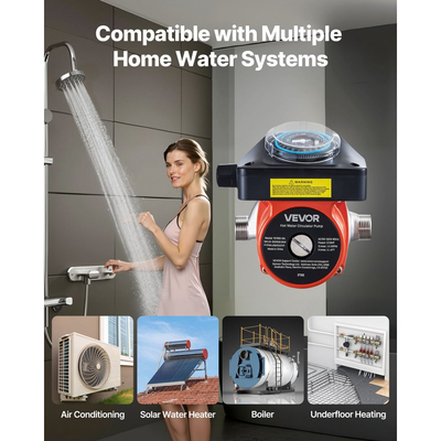 Αντλία ανακυκλοφορίας ζεστού νερού VEVOR, με χρονοδιακόπτη, κιτ αντλίας άμεσης ανακυκλοφορίας 38 LPM, σύστημα κυκλοφορητή, 100W AC 220-240V, σύνδεσμος G3/4 σε G1/2 in, για λέβητα, ηλιακό θερμοσίφωνα