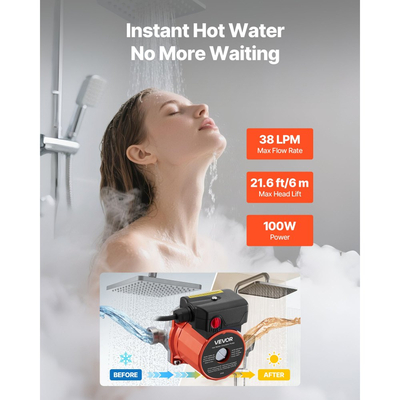 Αντλία ανακυκλοφορίας ζεστού νερού VEVOR, 38 LPM, Σύστημα κυκλοφορητή άμεσης κυκλοφορίας, Έλεγχος 3 ταχυτήτων, 100W, AC 220-240V, Προσαρμογέας G3/4 σε G1/2, Κεφαλή από ανοξείδωτο χάλυβα, για σύστημα θερμοσίφωνα