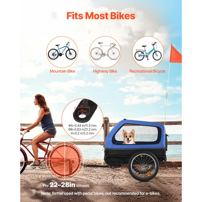 Τρέιλερ ποδηλάτου για σκύλους VEVOR, Υποστηρίζει έως 40 κιλά, Μεταφορά ποδηλάτων για μικρά και μεγάλα σκυλιά, Εύκολο πτυσσόμενο πλαίσιο με τροχό γρήγορης απελευθέρωσης, Ζεύκτης ποδηλάτου γενικής χρήσης, Ανακλαστήρας, Σημαία, Εσωτερικό λουρί