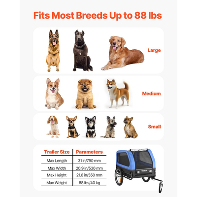 Τρέιλερ ποδηλάτου για σκύλους VEVOR, Υποστηρίζει έως 40 κιλά, Μεταφορά ποδηλάτων για μικρά και μεγάλα σκυλιά, Εύκολο πτυσσόμενο πλαίσιο με τροχό γρήγορης απελευθέρωσης, Ζεύκτης ποδηλάτου γενικής χρήσης, Ανακλαστήρας, Σημαία, Εσωτερικό λουρί