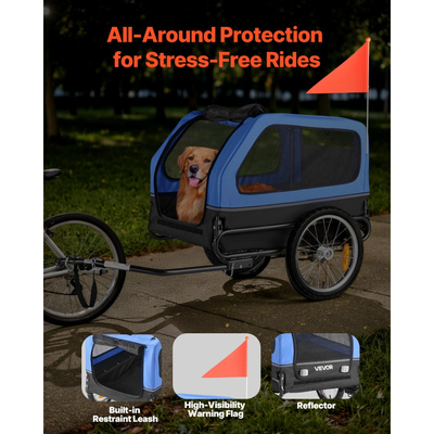 Τρέιλερ ποδηλάτου για σκύλους VEVOR, Υποστηρίζει έως 40 κιλά, Μεταφορά ποδηλάτων για μικρά και μεγάλα σκυλιά, Εύκολο πτυσσόμενο πλαίσιο με τροχό γρήγορης απελευθέρωσης, Ζεύκτης ποδηλάτου γενικής χρήσης, Ανακλαστήρας, Σημαία, Εσωτερικό λουρί