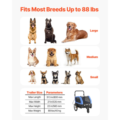 Τρέιλερ ποδηλάτου για σκύλους VEVOR, Υποστηρίζει έως 40 κιλά, Καρότσι κατοικίδιων 2 σε 1, Μεταφορά ποδηλάτων για μικρά και μεγάλα σκυλιά, Εύκολο πτυσσόμενο πλαίσιο με τροχό γρήγορης απελευθέρωσης, Ζεύκτης ποδηλάτου γενικής χρήσης, Εσωτερικό λουρί