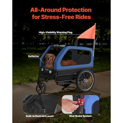 Τρέιλερ ποδηλάτου για σκύλους VEVOR, Υποστηρίζει έως 40 κιλά, Καρότσι κατοικίδιων 2 σε 1, Μεταφορά ποδηλάτων για μικρά και μεγάλα σκυλιά, Εύκολο πτυσσόμενο πλαίσιο με τροχό γρήγορης απελευθέρωσης, Ζεύκτης ποδηλάτου γενικής χρήσης, Εσωτερικό λουρί