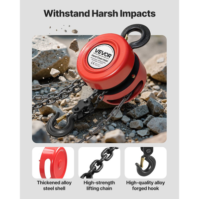 Χειροκίνητο βαρούλκο αλυσίδας VEVOR, χωρητικότητας 2 τόνων, χειροκίνητο μπλοκ αλυσίδας με αναβάθμιση G70 γαλβανισμένη αλυσίδα, ύψος ανύψωσης 3 m, βαρέως τύπου τροχαλία βαρέως τύπου για αποθήκη γκαράζ, μηχανήματα αυτοκινήτων, κόκκινο