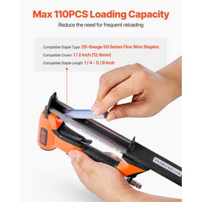 Πνευματικό συρραπτικό VEVOR, συρραπτικό αέρα ταπετσαρίας 20 Gauge για συνδετήρες λεπτών συρμάτων σειράς 50, μήκος 12,8 mm, μέγιστο 110 τεμάχια, πιστόλι αέρα φόρτωσης για ταπετσαρίες, ξυλουργικές εργασίες, DIY έργα