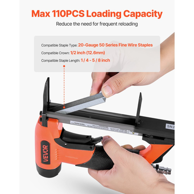 Πνευματικό συρραπτικό VEVOR, συρραπτικό ταπετσαρίας με μακριά μύτη 20 Gauge για λεπτά συρραπτικά σειράς 50, κορώνα 12,8 mm, μήκος 6 mm-16 mm, μέγιστο 110 τεμάχια, πιστόλι αέρα φόρτωσης για ταπετσαρίες, ξυλουργική, DIY