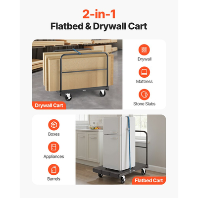 Καρότσι γυψοσανίδας VEVOR, χωρητικότητα φορτίου 816 kg, καρότσι φορτηγού 2 σε 1 από χάλυβα με περιστρεφόμενους τροχούς 12,5 mm, φορτηγό πλατφόρμας 91,4 x 61 cm με 3 πλευρικά κιγκλιδώματα για εργοστάσιο, αποθήκη, γκαράζ, μαύρο