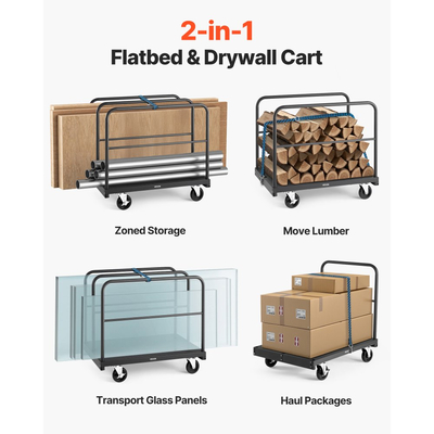 Καρότσι γυψοσανίδας VEVOR, χωρητικότητα φορτίου 816 kg, καρότσι φορτηγού 2 σε 1 από χάλυβα με περιστρεφόμενους τροχούς 12,5 mm, φορτηγό πλατφόρμας 91,4 x 61 cm με 4 πλευρικά κιγκλιδώματα για εργοστάσιο, αποθήκη, γκαράζ, μαύρο