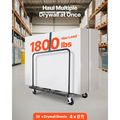 Τροχήλατο καρότσι γυψοσανίδας VEVOR, χωρητικότητα φορτίου 816 kg, καρότσι φορτηγού από χάλυβα με περιστρεφόμενους τροχούς 12,5 mm, ξύλινο καρότσι γυψοσανίδας με ιμάντα πρόσδεσης και 2 πλευρικά κιγκλιδώματα για εργοστάσιο, αποθήκη, γκαράζ, μαύρο