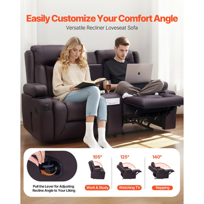 Καναπές-Διθέσιος καναπές VEVOR με ανάκλιση, Καναπές-Διθέσιος καναπές με χειροκίνητη ανάκλιση και κεντρική κονσόλα, Καναπές-Δερμάτινος καναπές PU με θύρες USB, ποτηροθήκες και τσάντες αποθήκευσης, Διπλή πολυθρόνα-διθέσιος για σαλόνι/τροχόσπιτο, καφέ