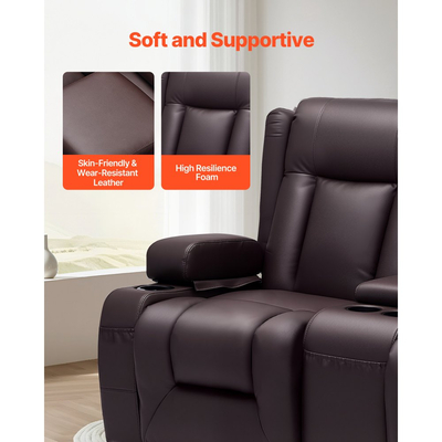Καναπές-Διθέσιος καναπές VEVOR με ανάκλιση, Καναπές-Διθέσιος καναπές με χειροκίνητη ανάκλιση και κεντρική κονσόλα, Καναπές-Δερμάτινος καναπές PU με θύρες USB, ποτηροθήκες και τσάντες αποθήκευσης, Διπλή πολυθρόνα-διθέσιος για σαλόνι/τροχόσπιτο, καφέ