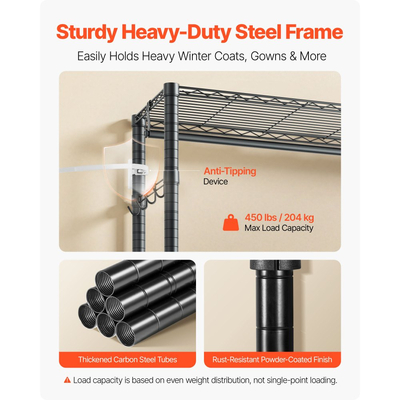 Ράφι ρούχων VEVOR Rolling, Ράφι ρούχων βαρέως τύπου, Ράφι ρούχων 3 ρυθμιζόμενων επιπέδων με ανθρακούχο χάλυβα, Ντουλάπα-ντουλάπα χωρητικότητας 204 kg για υπνοδωμάτιο, κατάστημα ρούχων, διάδρομο