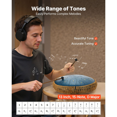 VEVOR Ατσάλινο Τύμπανο με Γλώσσα, 33cm 15 Νότες Τύμπανο Βροχής για Εξωτερικό Κήπο, Μουσικά Τύμπανα σε Ντο Μείζονα με Βιβλίο Μουσικής & Σφυράκια, Κρουστά Όργανα για Διαλογισμό Γιόγκα για Αρχάριους, Μουσική Εκπαίδευση, Μπλε Ναυτικό