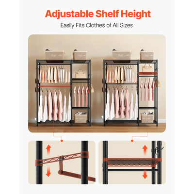 Ράφι ρούχων VEVOR, Ράφι ρούχων βαρέως τύπου, Ράφι ρούχων 6 ρυθμιζόμενων επιπέδων με ατσάλινο σκελετό, Ντουλάπα με χωρητικότητα 363 kg και 3 κρεμάστρες για υπνοδωμάτιο, κατάστημα ρούχων, διάδρομο