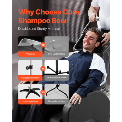 Φορητό μπολ σαμπουάν VEVOR, νιπτήρας σαμπουάν με ρυθμιζόμενο ύψος και γωνία, νιπτήρας κομμωτηρίου με σωλήνα αποστράγγισης και βάση στήριξης σε σχήμα αστεριού για κουρείο ομορφιάς και σπα στο σπίτι