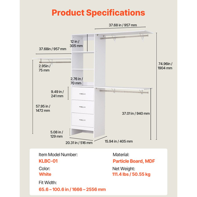 Σύστημα Ντουλαπιών VEVOR με 3 Συρτάρια, Ξύλινοι Οργανωτές Ντουλαπιών Ρυθμιζόμενου Ύψους, Μοντέρνα Οργάνωση Ντουλάπας με 3 Αναδιπλούμενες Ράβδους Κρεμάστρας, Ανεξάρτητη Ράφι Ρούχων, Λευκό
