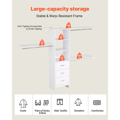 Σύστημα Ντουλαπιών VEVOR με 3 Συρτάρια, Ξύλινοι Οργανωτές Ντουλαπιών Ρυθμιζόμενου Ύψους, Μοντέρνα Οργάνωση Ντουλάπας με 3 Αναδιπλούμενες Ράβδους Κρεμάστρας, Ανεξάρτητη Ράφι Ρούχων, Λευκό