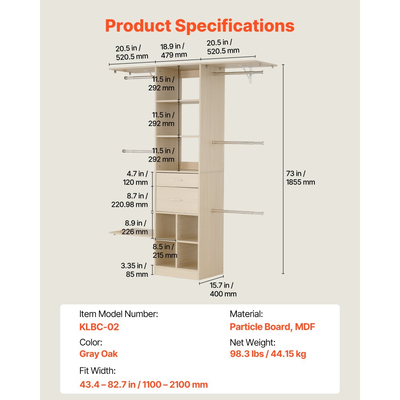 Σύστημα Ντουλαπιών VEVOR με 2 Συρτάρια, Ξύλινες Οργανωτές Ντουλαπιών Ρυθμιζόμενου Ύψους, Μοντέρνα Οργάνωση Ντουλάπας με 5 Αναδιπλούμενες Ράβδους Κρεμάστρας, Ανεξάρτητη Ράφι Ρούχων, Γκρι