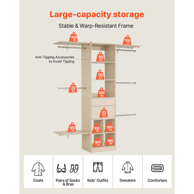 Σύστημα Ντουλαπιών VEVOR με 2 Συρτάρια, Ξύλινες Οργανωτές Ντουλαπιών Ρυθμιζόμενου Ύψους, Μοντέρνα Οργάνωση Ντουλάπας με 5 Αναδιπλούμενες Ράβδους Κρεμάστρας, Ανεξάρτητη Ράφι Ρούχων, Γκρι