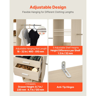 Σύστημα Ντουλαπιών VEVOR με 2 Συρτάρια, Ξύλινες Οργανωτές Ντουλαπιών Ρυθμιζόμενου Ύψους, Μοντέρνα Οργάνωση Ντουλάπας με 5 Αναδιπλούμενες Ράβδους Κρεμάστρας, Ανεξάρτητη Ράφι Ρούχων, Γκρι