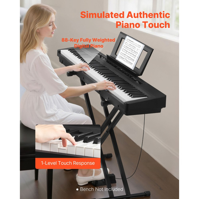 Ψηφιακό πιάνο VEVOR με βάρη, 88 πλήκτρα με πλήρη βάρη, διπλό πληκτρολόγιο και ηχεία ηλεκτρικού πιάνου με βάση X, πεντάλ Sustain, λειτουργία εγγραφής, 280 τόνοι, ασύρματη σύνδεση, για αρχάριους, μαύρο