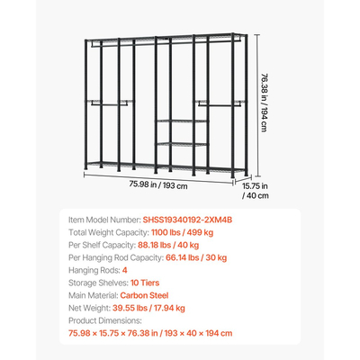 Ράφι ρούχων VEVOR, Ντουλάπα βαρέως τύπου, Ράφι ρούχων με ρυθμιζόμενα επίπεδα και ατσάλινο σκελετό, Ράφι ρούχων χωρητικότητας 499 kg με 4 κρεμάστρες για υπνοδωμάτιο, κατάστημα ρούχων, διάδρομο