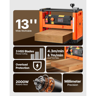 Πλάνη πάχους VEVOR, δύο ταχυτήτων, πλάτος εργασίας 330 mm, ηλεκτρική πλάνη πάγκου, τρεις λεπίδες, ισχυρός κινητήρας 2000W 23500 σ.α.λ., διπλοί κύλινδροι, προστασία από υπερφόρτωση, ξυλουργική για σκληρό και μαλακό ξύλο