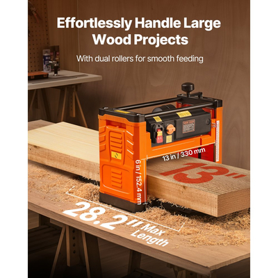 Πλάνη πάχους VEVOR, δύο ταχυτήτων, πλάτος εργασίας 330 mm, ηλεκτρική πλάνη πάγκου, τρεις λεπίδες, ισχυρός κινητήρας 2000W 23500 σ.α.λ., διπλοί κύλινδροι, προστασία από υπερφόρτωση, ξυλουργική για σκληρό και μαλακό ξύλο